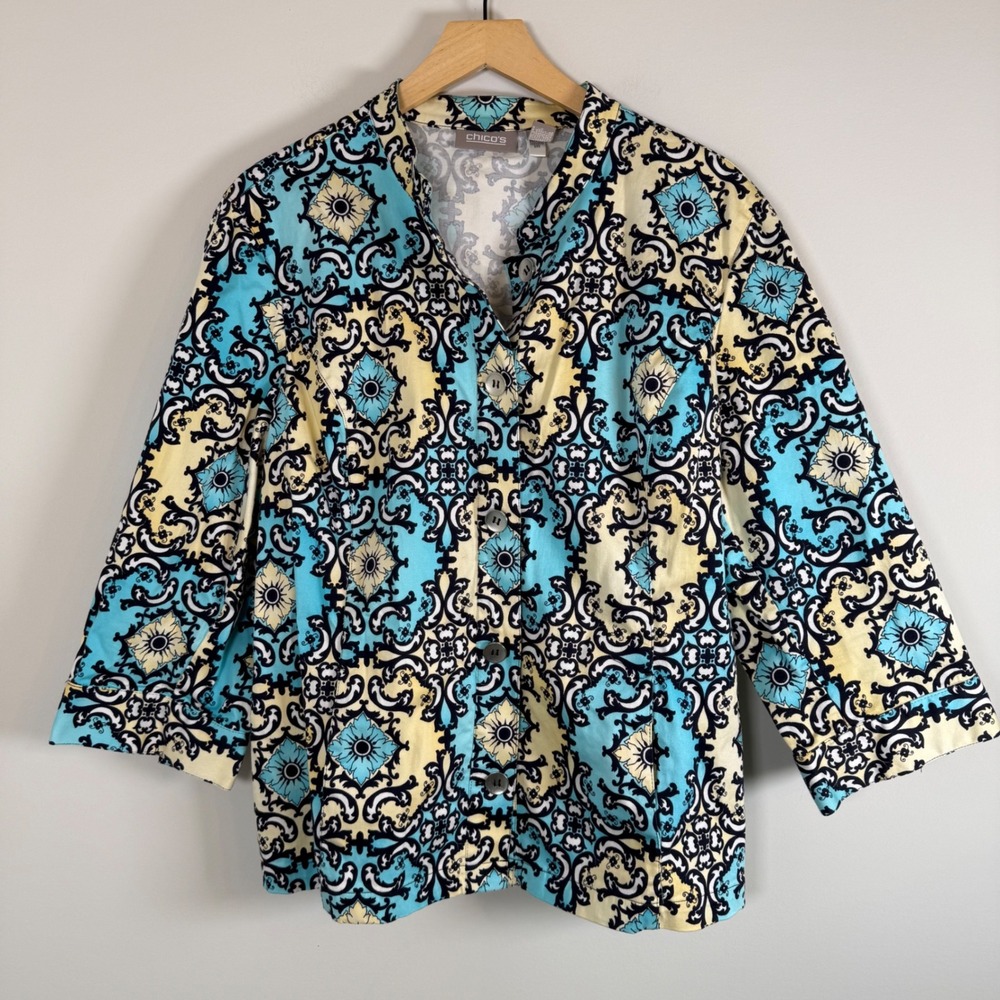 Chico's Quirky‎ Funky Vibrant Colorful Print Classic Button Up Jacket Size 3 XL